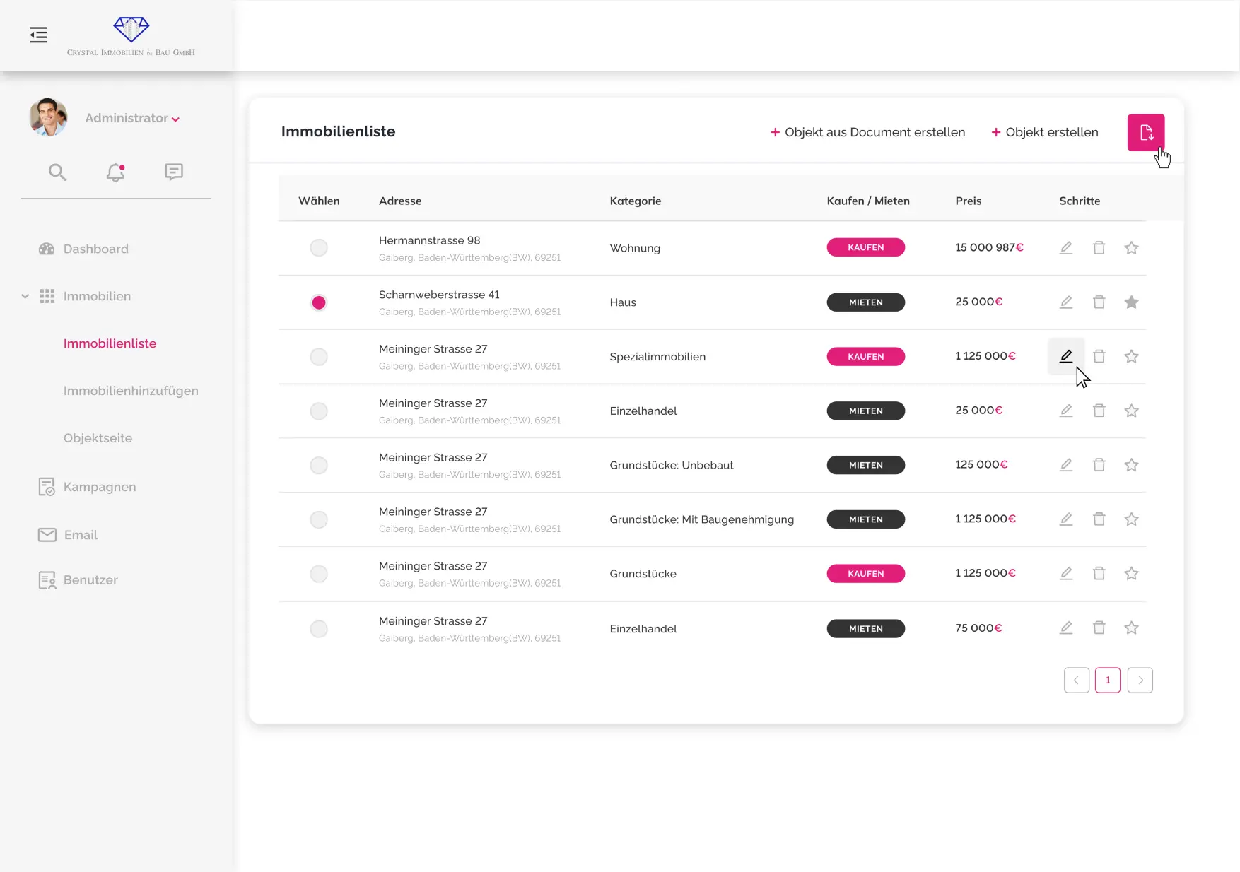Crystal Immobilien List of objects