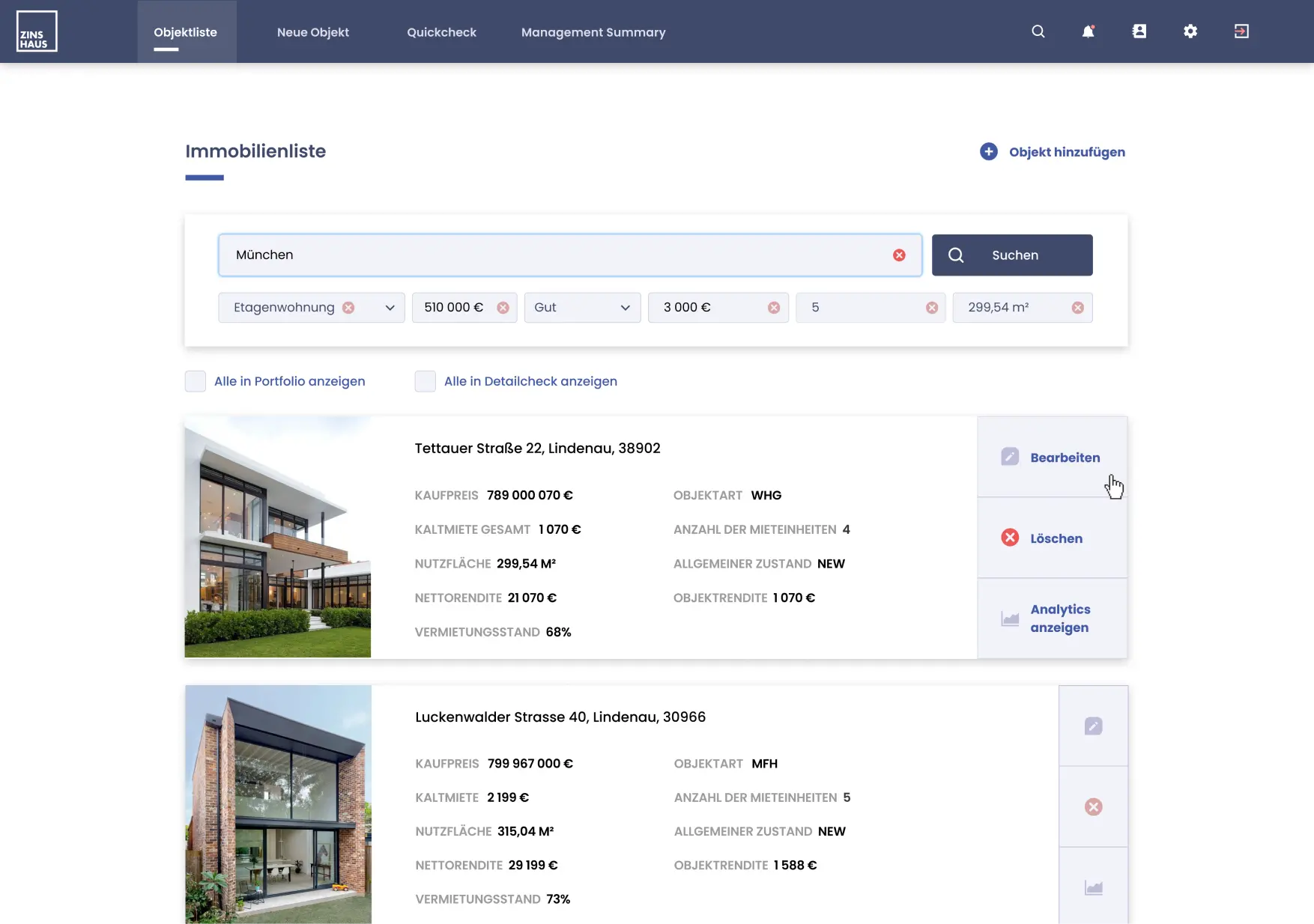 Zinshaus Property list