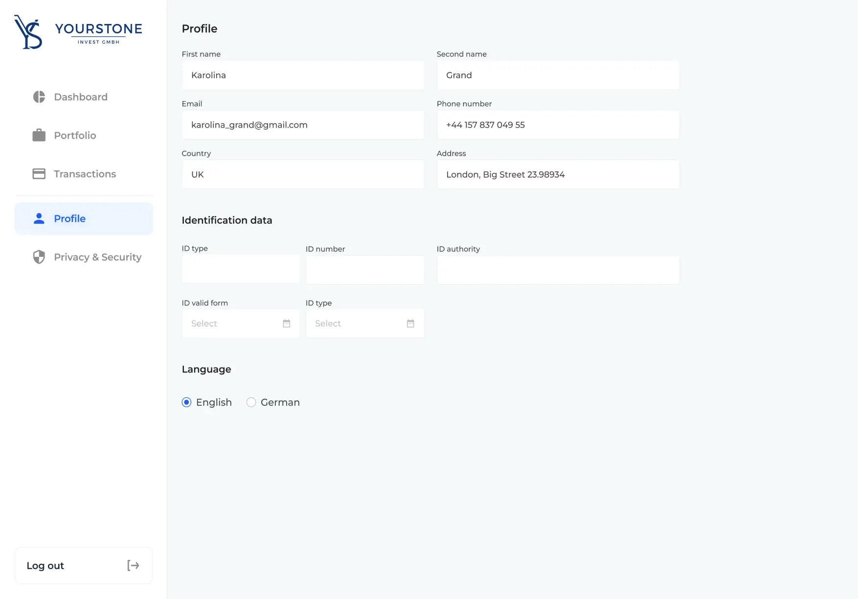 Profile settings yStone